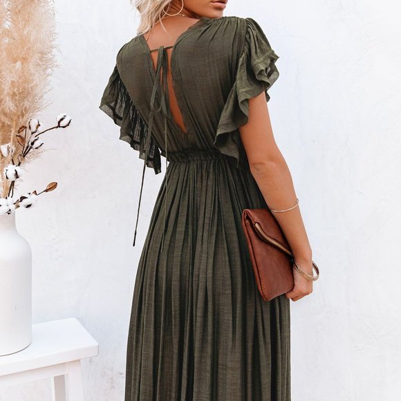 Shop_Fig Dresses & Skirts - New Bohemian Long Olive Gauze Maxi Summer Dress